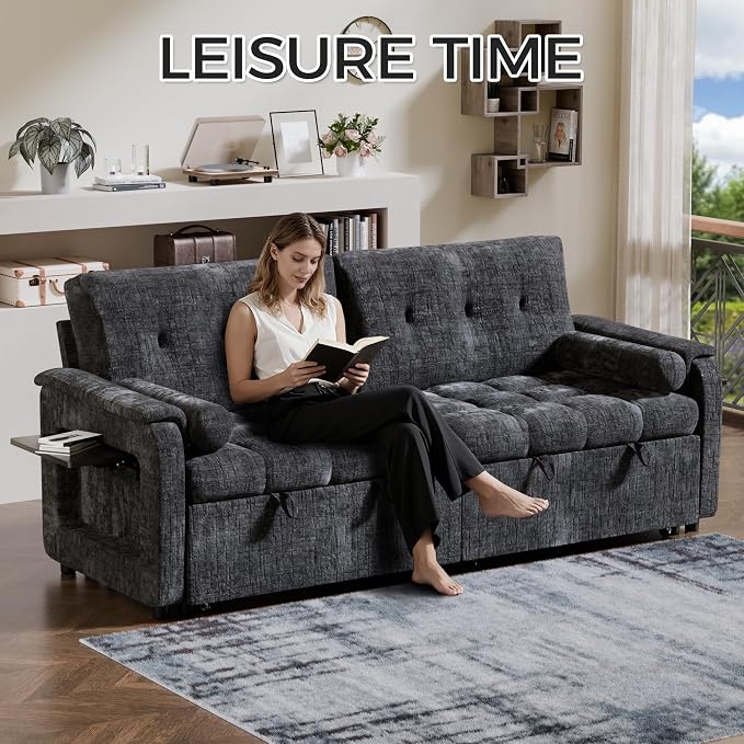 Convertible Sleeper Sofa Bed, 86 Inch Chenille Pull Out Couch - Image 5