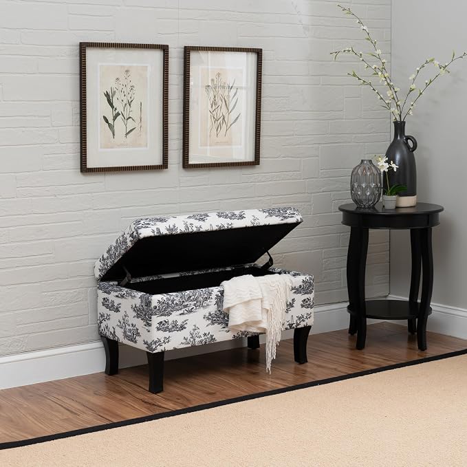 Linon Stephanie Black and White Toile Fully Upholstered Bench - Image 5