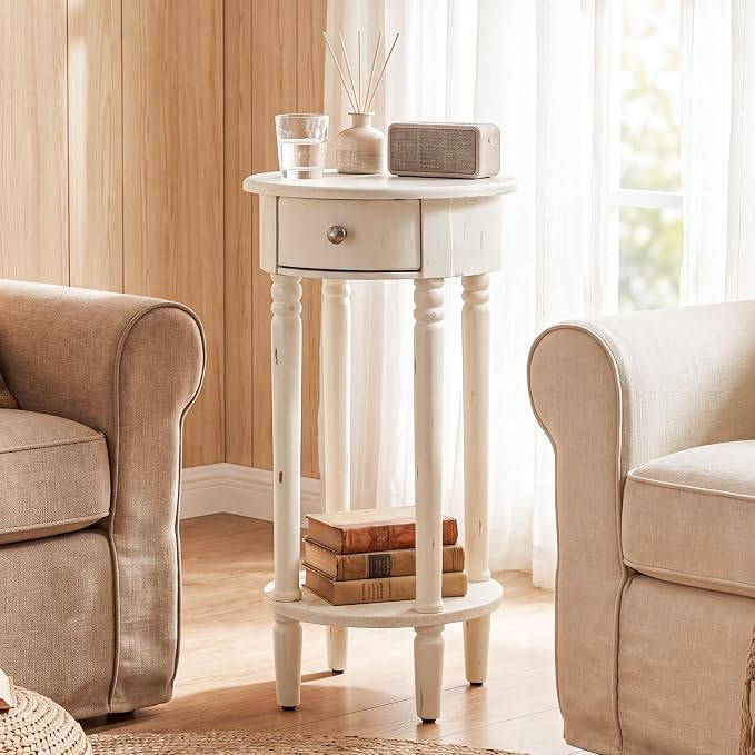 HOMPUS Round End Table with Drawer Set of 2, Rustic Framhouse Nightstand Set 2 - Image 4