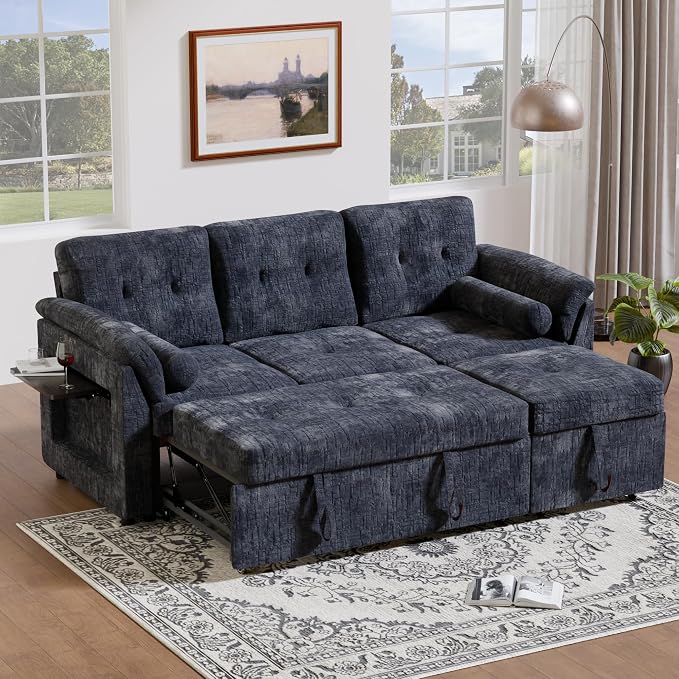 Convertible Sleeper Sofa Bed, 63 Inch Chenille Pull Out Couch by Outdoorchairs