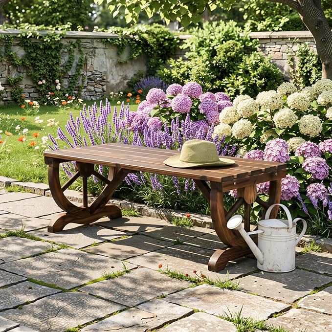 VINGLI Rustic Wooden Wheel Bench Outdoor Bench, Patio Bench Wagon Slatted Seat - Image 7