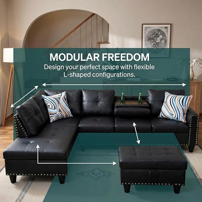 97.5" L Shaped Couch Set Leather, Modular Sectional Couches - Image 9