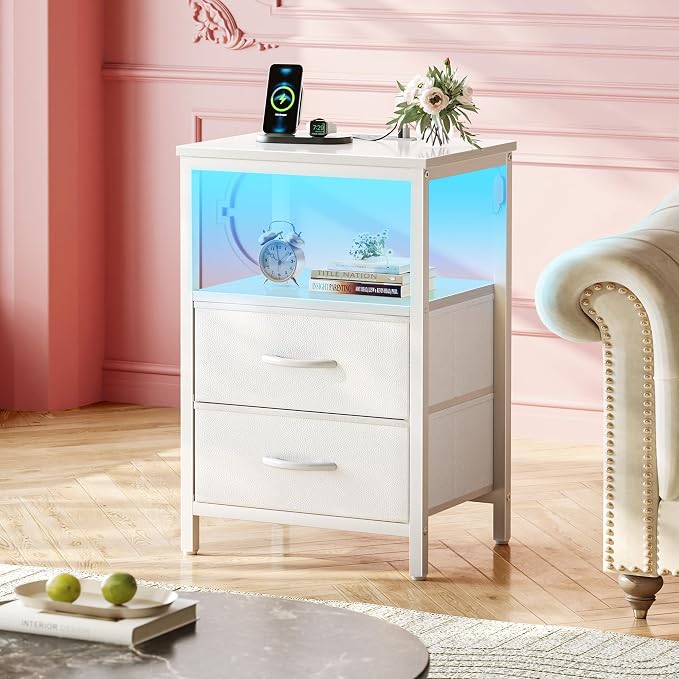 Huuger Night Stand with Charger Station and LED Lights, 2 Drawer Nightstand - Image 2