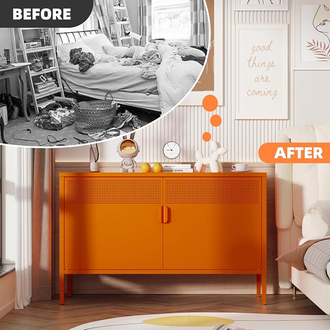 Orange Metal Storage Cabinet, 2 Door TV Stand, Metal Mesh Accent Cabinet - Image 7