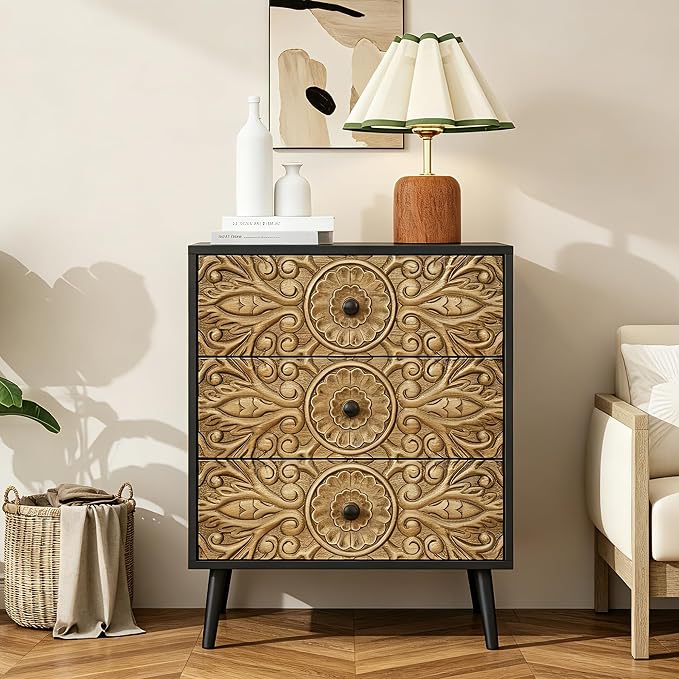 Carved Black Wood Nightstand, 3 Drawers Accent Cabinet, Vintage End Table - Image 9