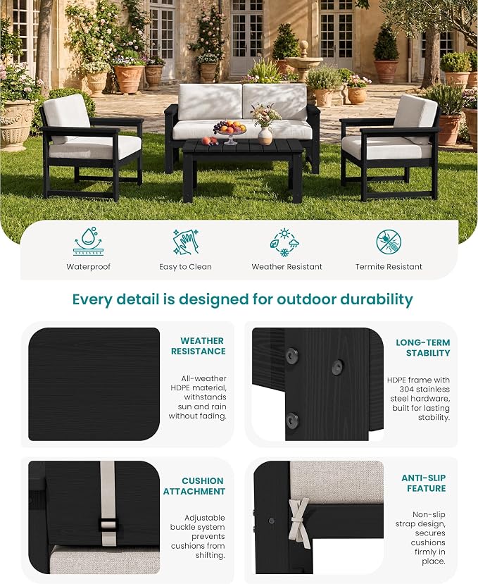 SERWALL 3 Pieces HDPE Outdoor Sofa Bistro Set - Image 4