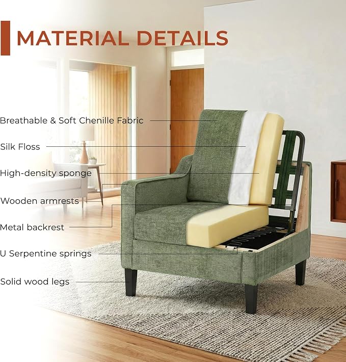 TLSUNNY Mid-Century Accent Chair, Modern Upholstered Chenille Armchair & Padded - Image 6