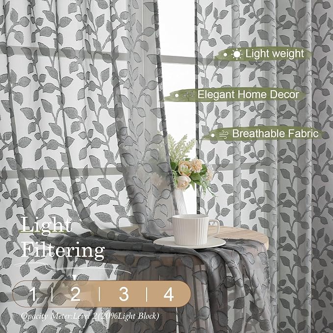 Chyhomenyc Charcoal Grey Sheer Curtains 24 Inch Length, Light Filtering Leaf - Image 2