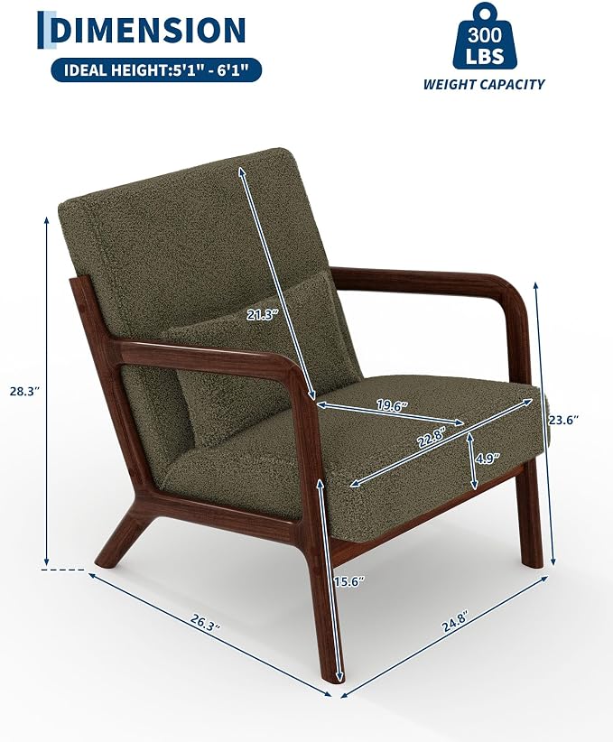 Garvee Mid-Century Modern Accent Chair, Sherpa Upholstery, Solid Wood Armchair - Image 2