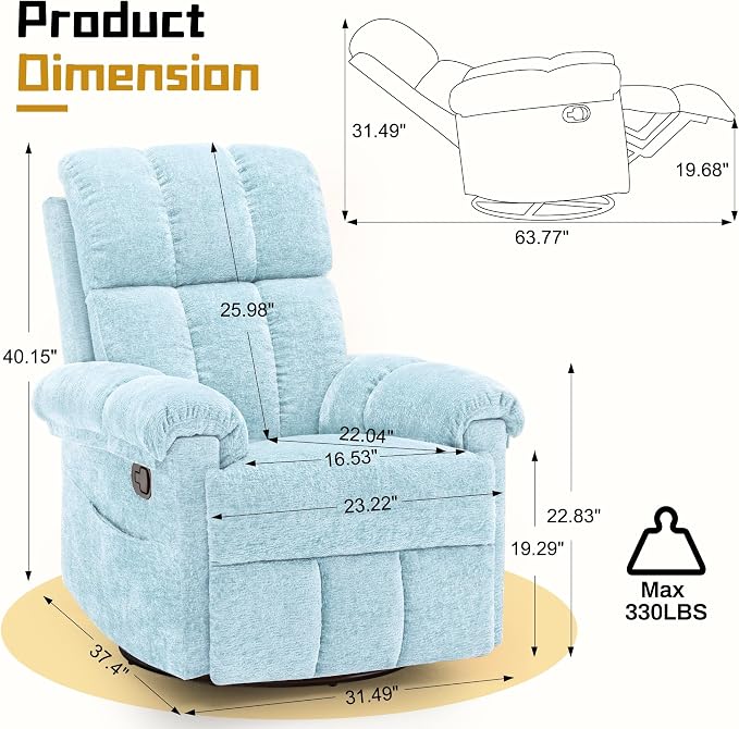 Korser Recliner Chair, Swivel Rocker Recliner Chair - Image 2