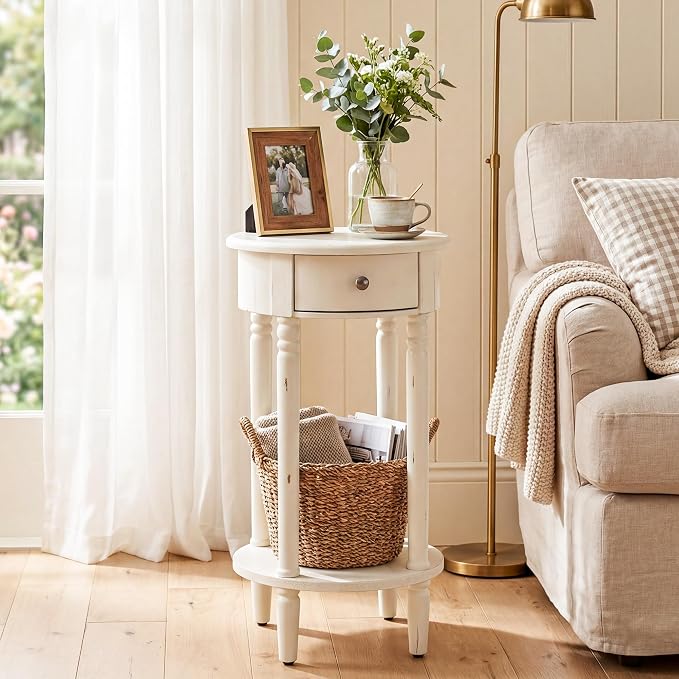 HOMPUS Round End Table with Drawer, Tall end Table with Open Shelf, Farmhouse - Image 3