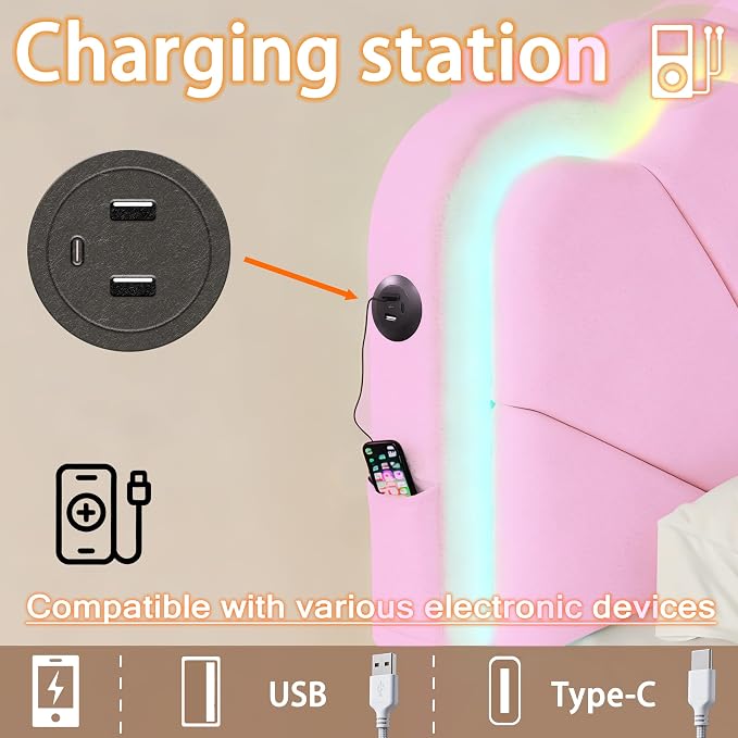 Full Upholstered Bed with 2 Drawers, Charging Station and LED Lighting - Image 6
