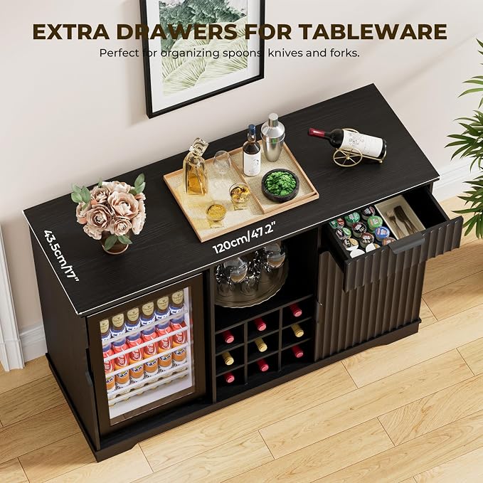 Coffee Bar Cabinet with Fridge, Fluted Wine Bar Cabinet with Wine Rack and - Image 4