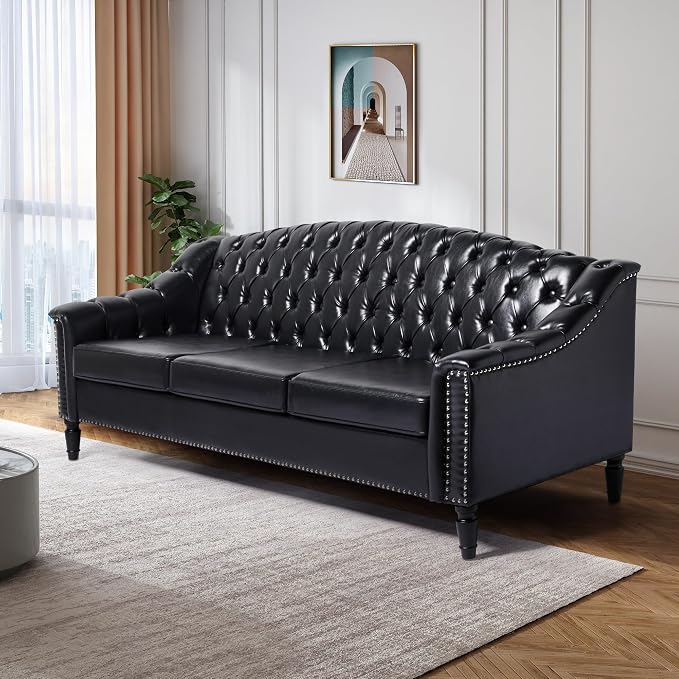 LEVNARY Mid-Century Modern Leather Couch, Chesterfield Sofa Sleeper Settee - Image 6