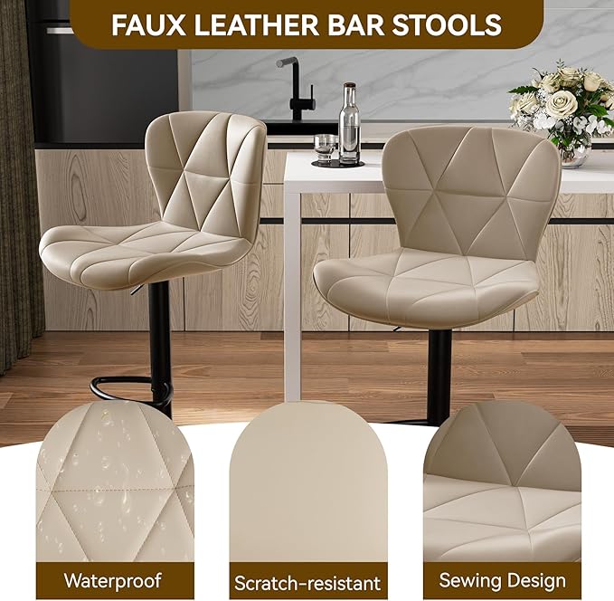 Nalupatio Modern Bar Stools Set of 2, Adjustable Faux Leather Upholstered - Image 3