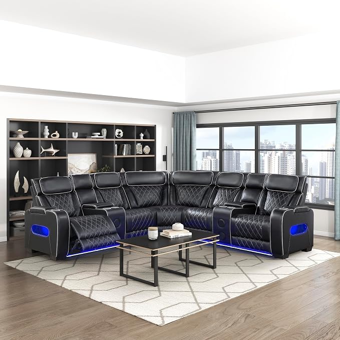 Lexicon 118" Power Reclining Sectional Sofa, Wall Hugger, 2 Recliner Seats by Lexicon