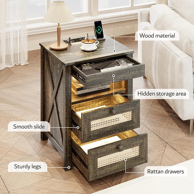 FREDEES Rustic Nightstand with Gun Drawer, End Table with Charging Station - Image 5