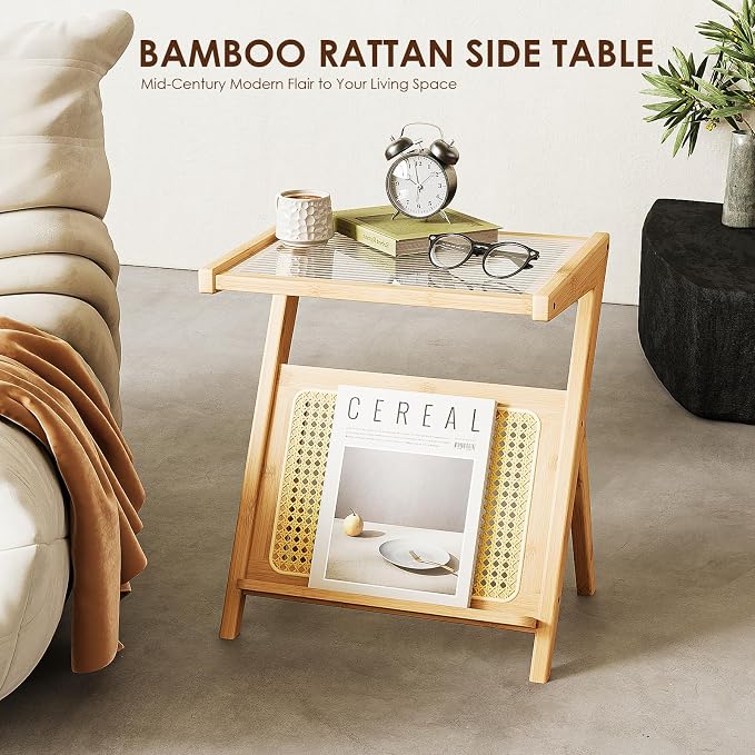 Bamworld Rattan Side Table Boho Night Stand Glass Bedside Small End Tables - Image 7