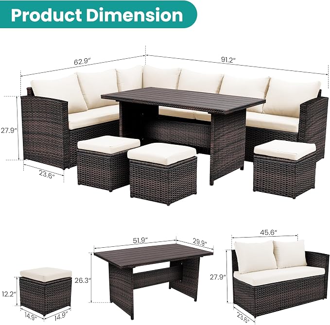 Wumiokio Patio Furniture Set, 7 Pieces Outdoor Patio Furniture - Image 8