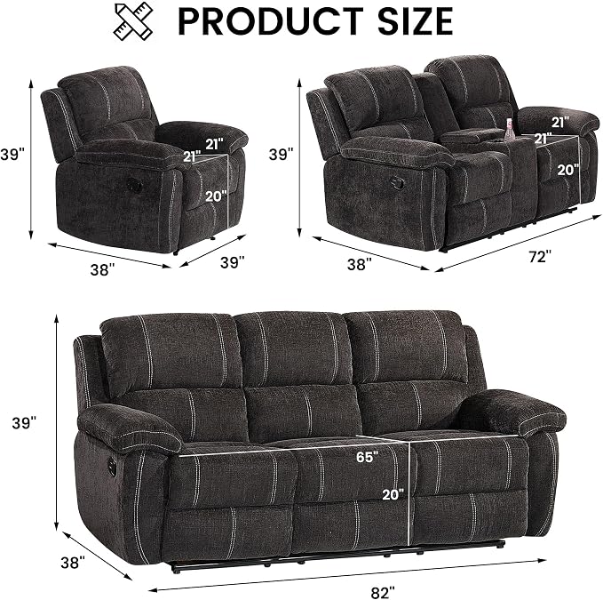 Betsy Furniture Modern Fabric Recliner Sofa Set, Loveseat w/Console, Recliner - Image 2