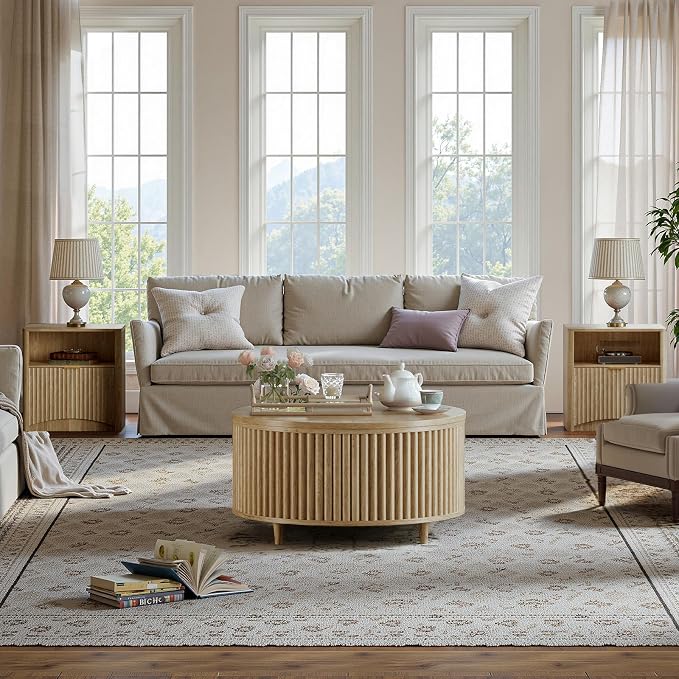 Evermagin 31.5'' Round Coffee Table, Fluted Lift Top Oak Coffee Table - Image 7