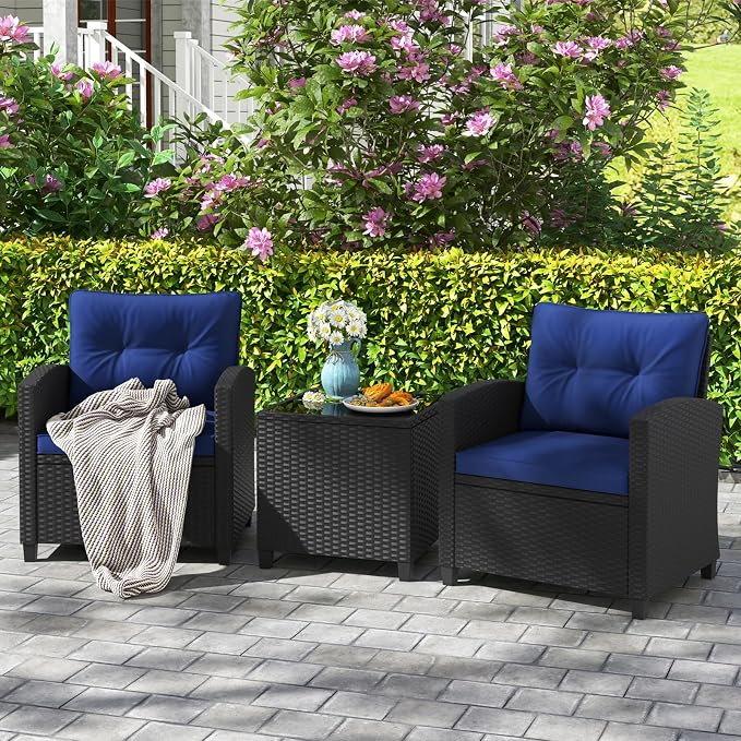 HAPPYGRILL 3 Pieces Wicker Patio Conversation Set, PE Rattan Bistro Sofa Set - Image 2