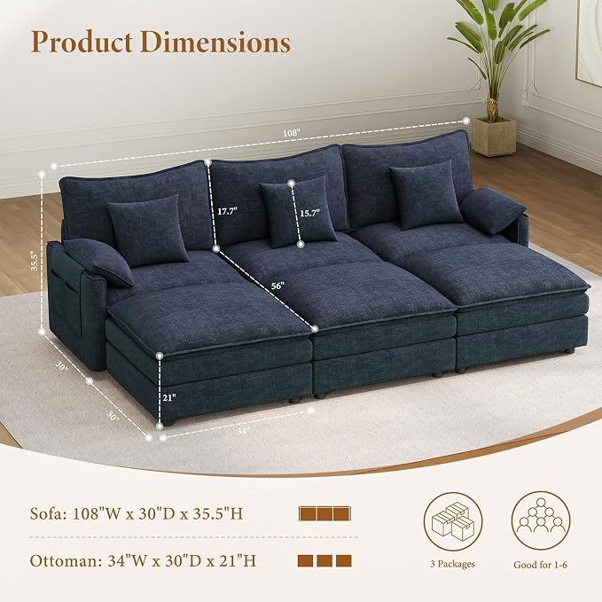 Vesgantti 108" Sectional Sleeper Sofa, 6-Seater Oversized Modular Cloud Couch - Image 2