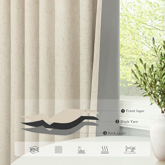 Linen Textured Boho 100% Blackout Small Window Curtains 45 inch Length 2 Panels - Image 5