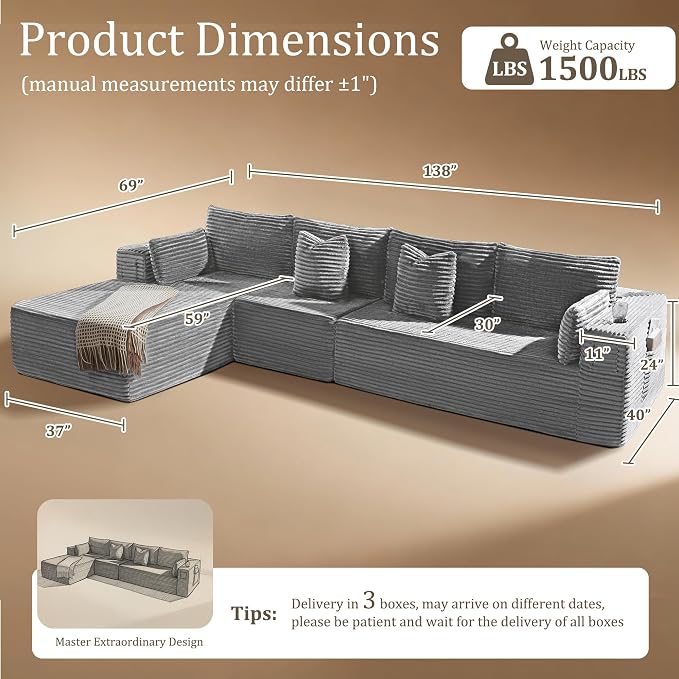 138" Oversized Cloud Sectional Couch, Comfort L Shaped Boneless Couch - Image 2