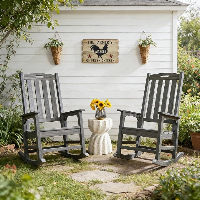 Psilvam Outdoor Rocking Chair Set of 2, Poly Lumber Oversized Rocking Chair - Image 2