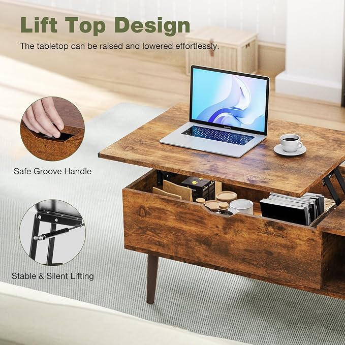 OLIXIS Wooden Coffee Table, Lift Top Coffee Table - Image 4