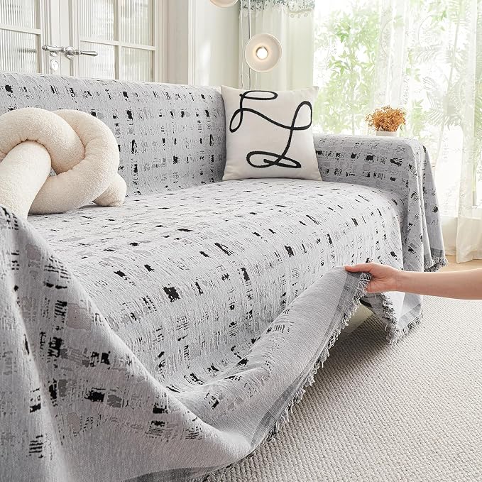 DREAMINGO Abstract Chenille Couch Cover Blanket Grey Black Boho Sofa Cover - Image 4