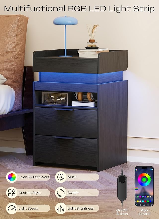 Turosur LED Night Stand with Gun Drawer, Smart Nightstand with Hidden Charging - Image 5