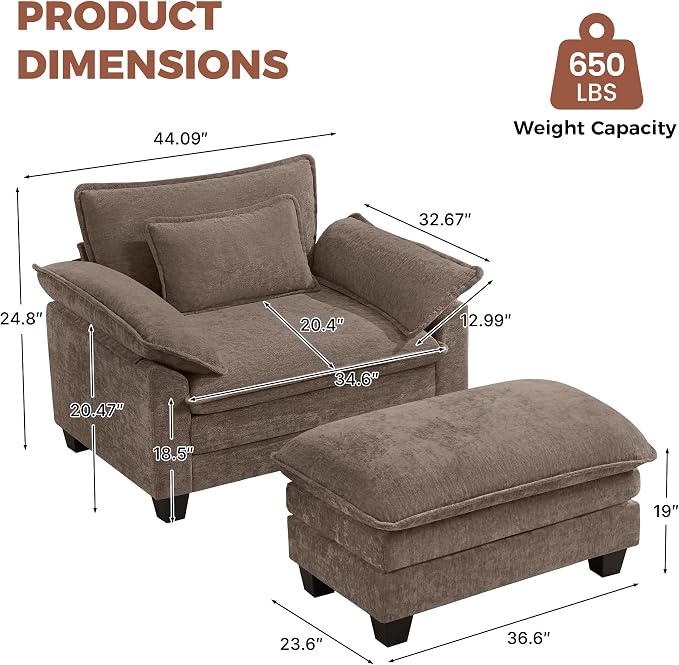 Oversized Accent Chair with Ottoman Set of 2, Upholstered Armchair with Extra - Image 2