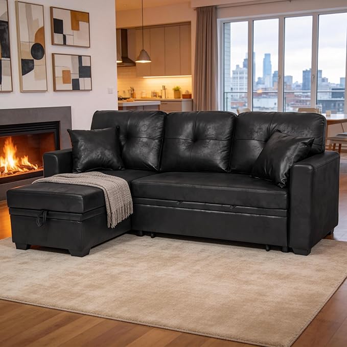 Eafurn Faux Leather Tufted Convertible Sleeper Sectional Sofa Bed, 3 Seater L - Image 5