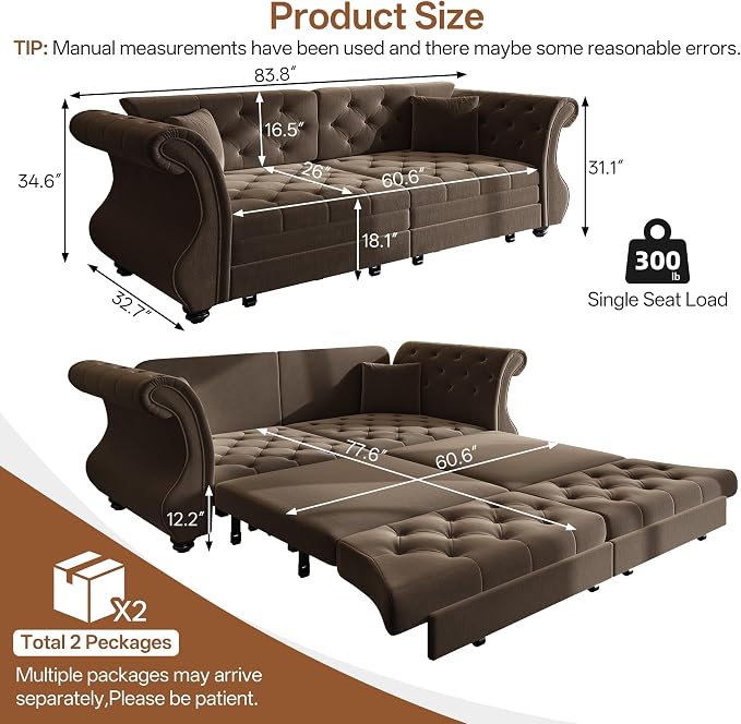 83.8" Oversized Pull Out Sofa Bed, Chesterfield Velvet Sleeper Sofa Couch - Image 2
