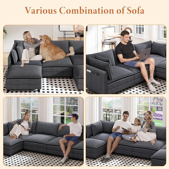 Vesgantti 143" U Shaped Modular Sectional Couch, Comfy Corduroy Upholstered - Image 8