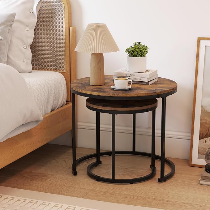 Giantex Nesting Coffee Table Set of 2, Round Stacking Side Tables w/Wooden - Image 3