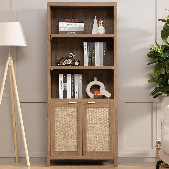SICOTAS Bookcase 71" Tall Bookshelf 5 Tier Rattan Boho Bookcase by SICOTAS