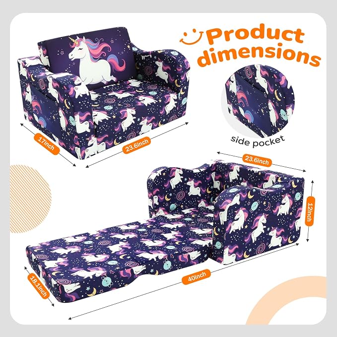 MeMoreCool Kids Folding Couch – Purple Unicorn Toddler Chair, Fold-Out 2-in-1 - Image 3