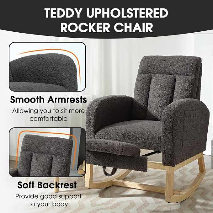 NIOIIKIT Modern Nursery Rocking Chair, Teddy Upholstered Rocking Chair - Image 6