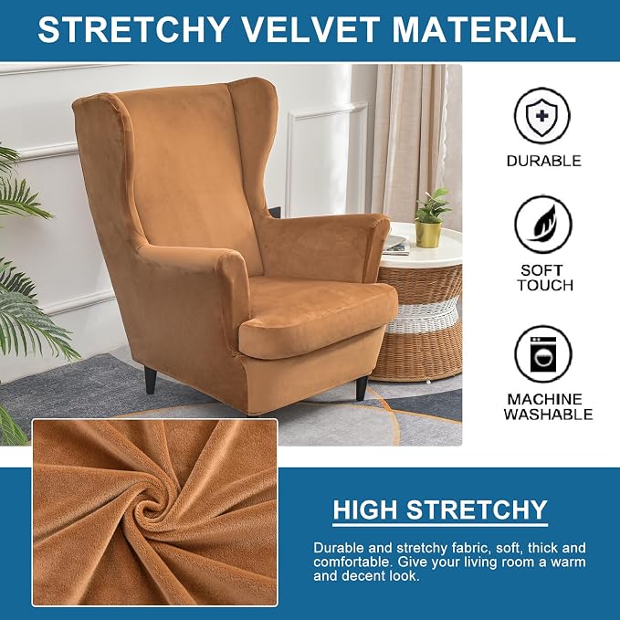 KRFOONN Wingback Chair Cover Slipcovers 2 Piece Stretch Velvet Plush Wing Chair - Image 4