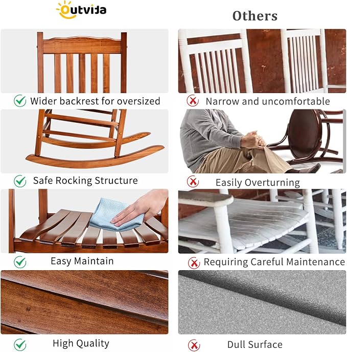 Outvita Outdoor Rocking Chair, Solid Wood High Back Rocker, All Weather Lounge - Image 7