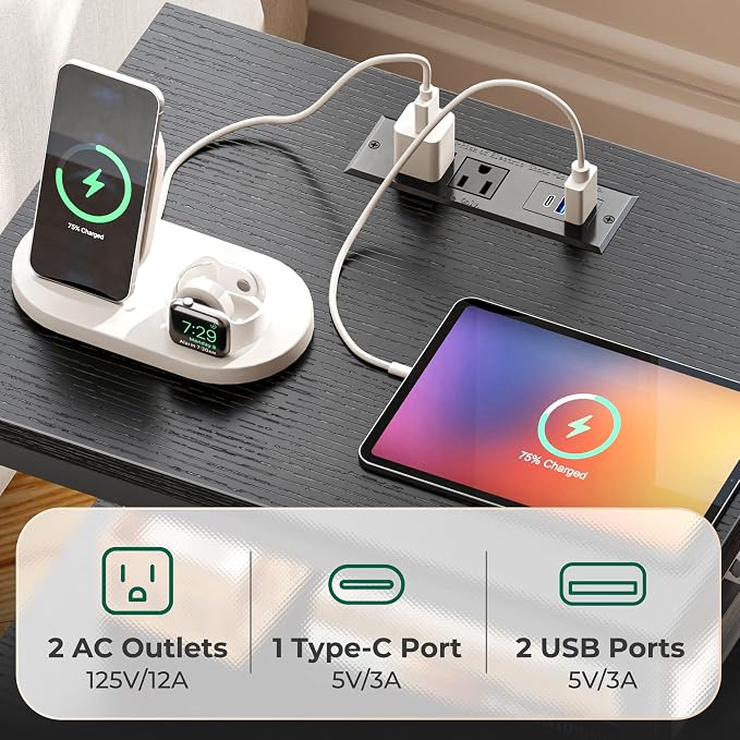 Huuger Night Stand with Charger Station and LED Lights, 2 Drawer Nightstand - Image 6