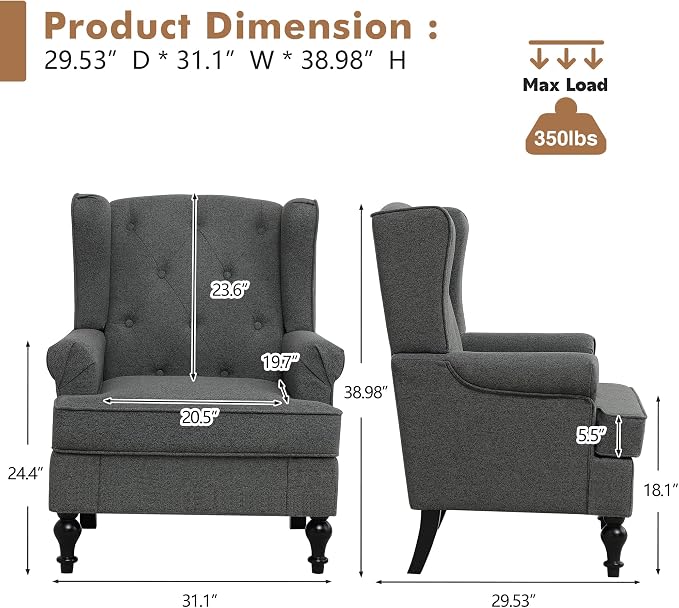Accent Chair Set of 2, Mid Century Modern Fabric Wingback Chair, Upholstered - Image 2