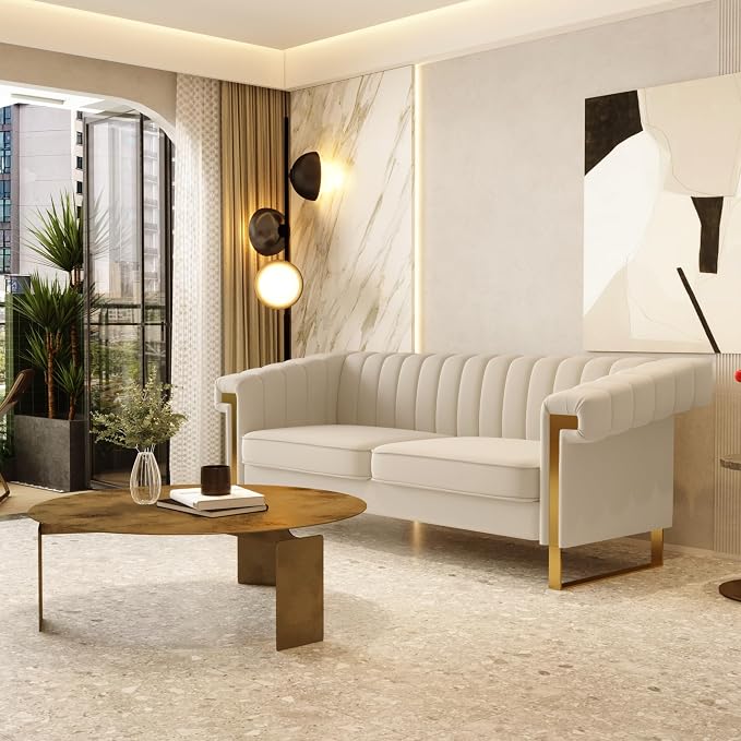Mid-Century Modern Beige Velvet Sofa - Image 4