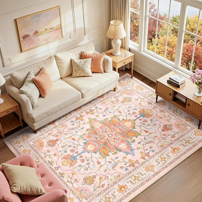 RELEANY Area Rugs 6'x8' Washable Non-Slip, Floral Vintage Distress Print by RELEANY