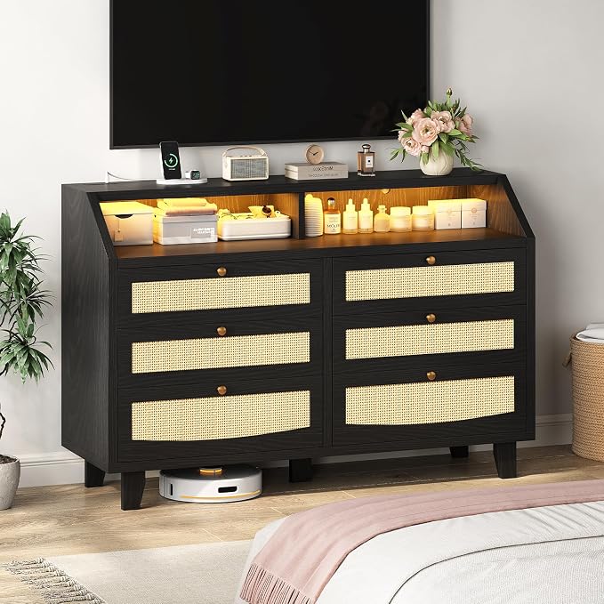 Rattan 6 Drawer Dresser with LED Lights & Power Outlet, Wide Rattan Dresser TV - Image 6