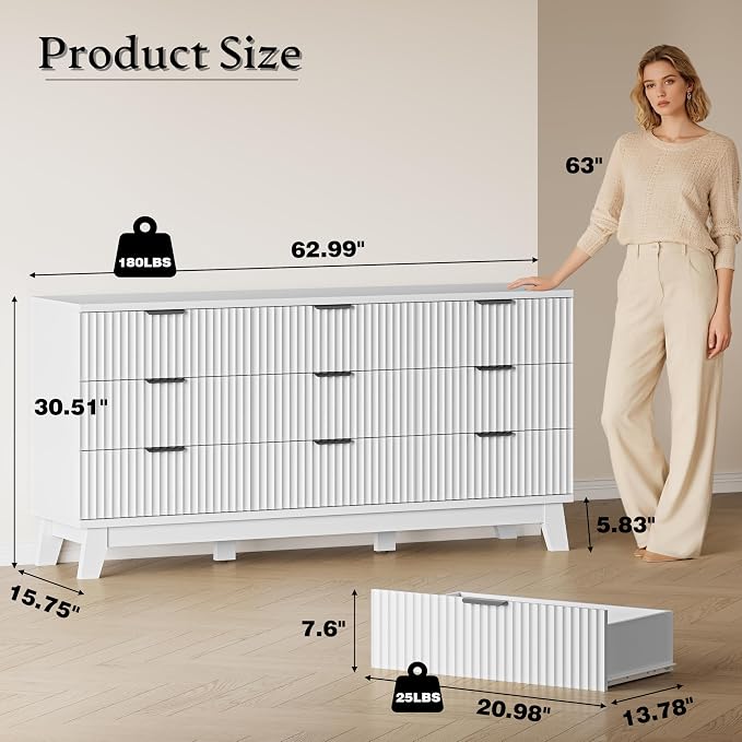 BORNOON 63" Long Dresser for Bedroom, 9-Drawer Fluted Dresser, Extra-Wide Wood - Image 2