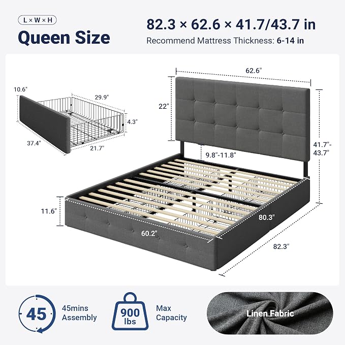 Allewie Upholstered Queen Size Platform Bed Frame - Image 2